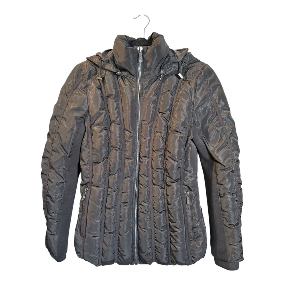 ZAC Posen Down Puffer Jacket Metallic Charcoal Grey Hooded Quilted Coat Women S